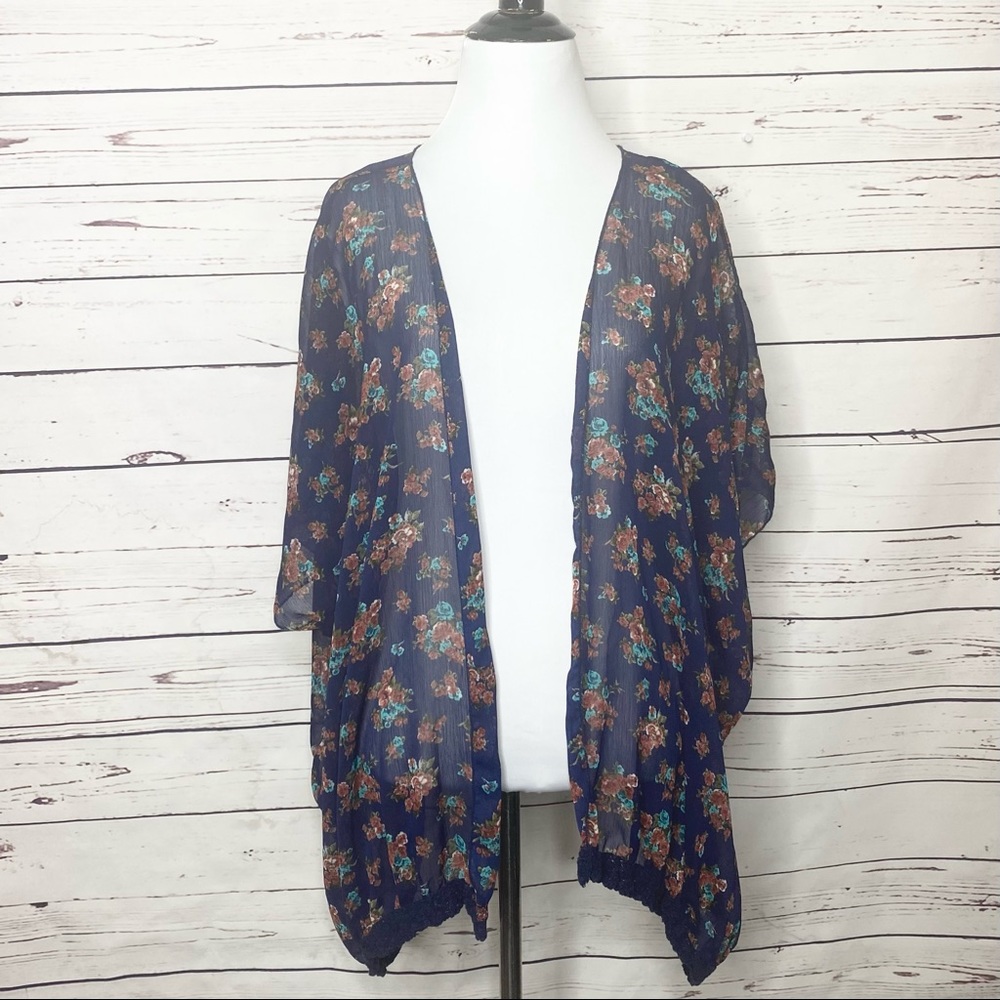 Mason + Mackenzie Sheer Blue Granny Floral Kimono Size XS Boho Festival Summer